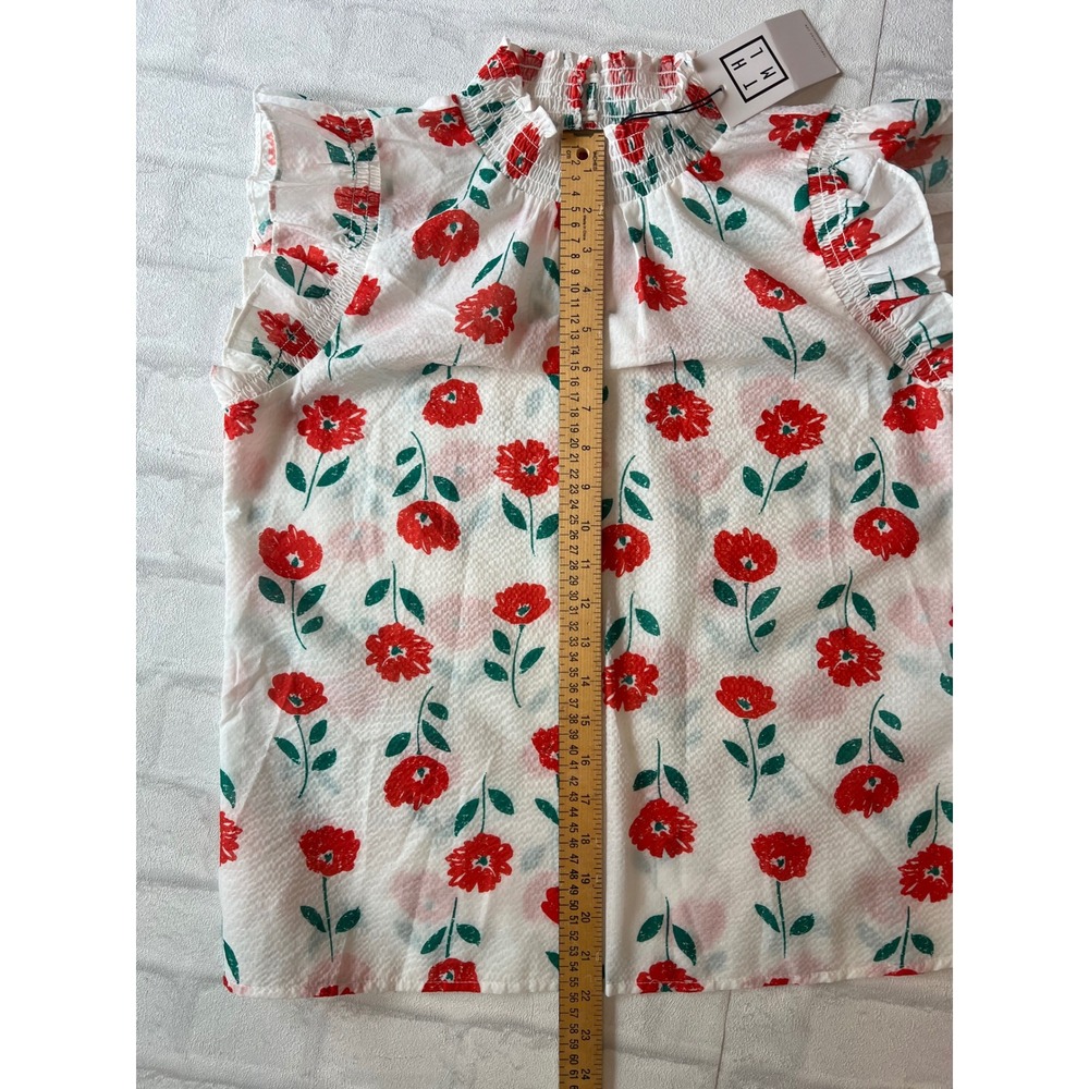 NWT THML Floral Smocked High Neck Ruffle Sleeve Top Red White Small Cottagecore - Picture 10 of 10